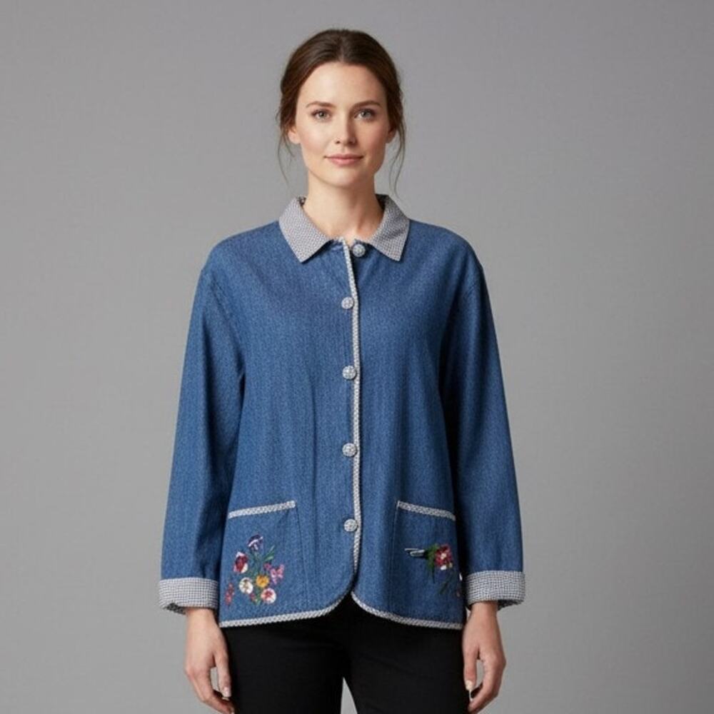 Vintage Teddi Denim Embroidered Shirt Collared Cuffed Sleeve Womens Size XL Blue